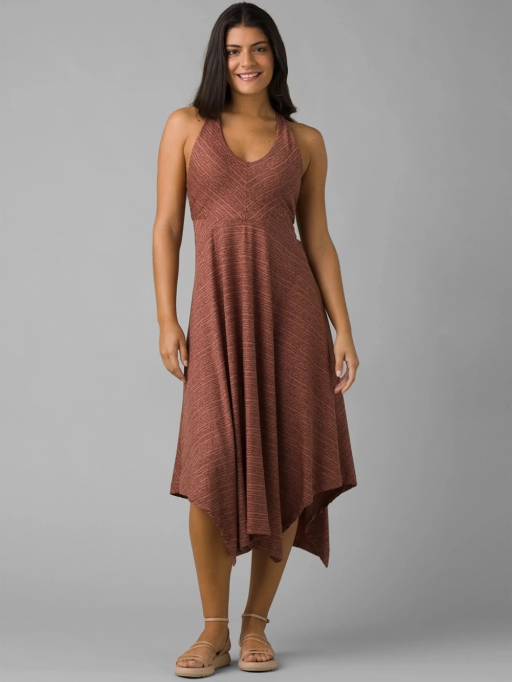 Prana Saxon Dress Sleeveless Handkerchief-Hem Midi Dress in Rust